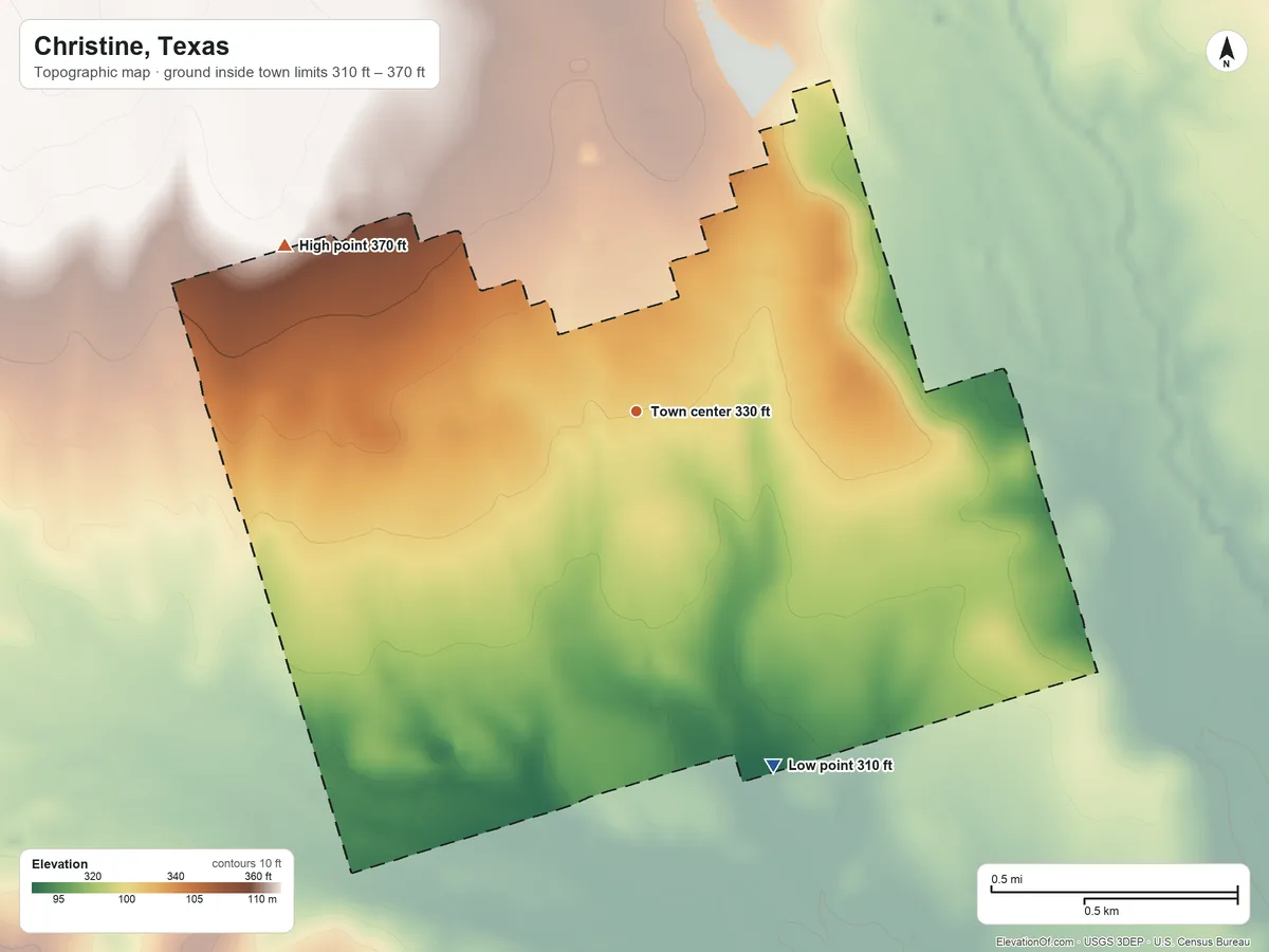 Topographic elevation map of Christine, Texas, shaded from 310 ft on the south side to 370 ft on the northwest side