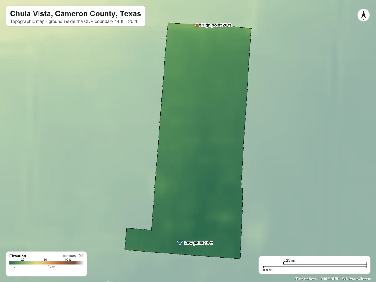 Topographic elevation map of Chula Vista, Cameron County, Texas, shaded from 14 ft on the south side to 20 ft on the north side