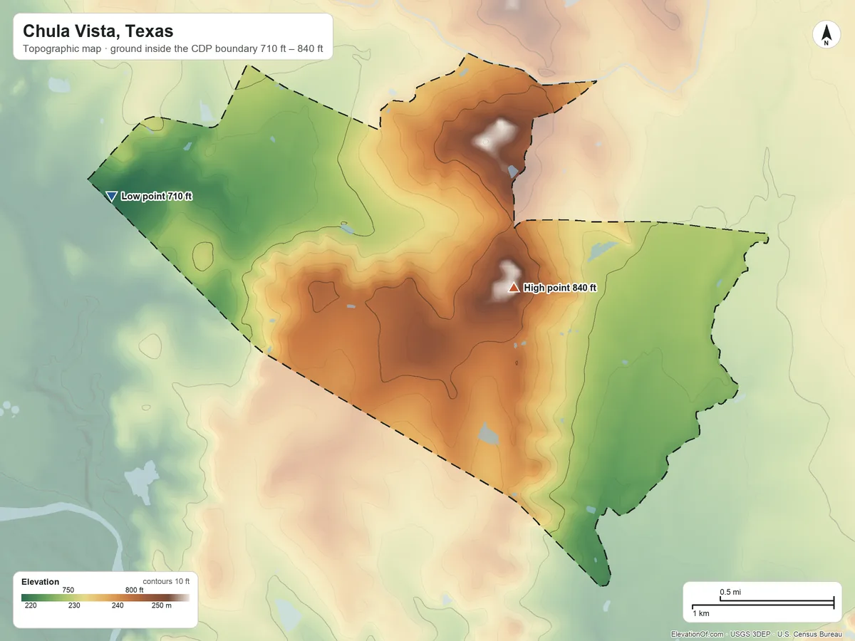 Topographic elevation map of Chula Vista, Texas, shaded from 710 ft on the west side to 840 ft on the east side
