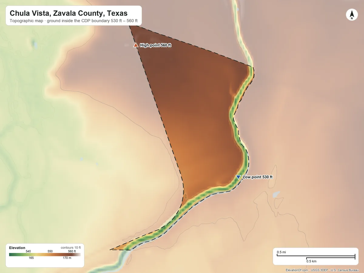 Topographic elevation map of Chula Vista, Zavala County, Texas, shaded from 530 ft on the southeast side to 560 ft on the northwest side