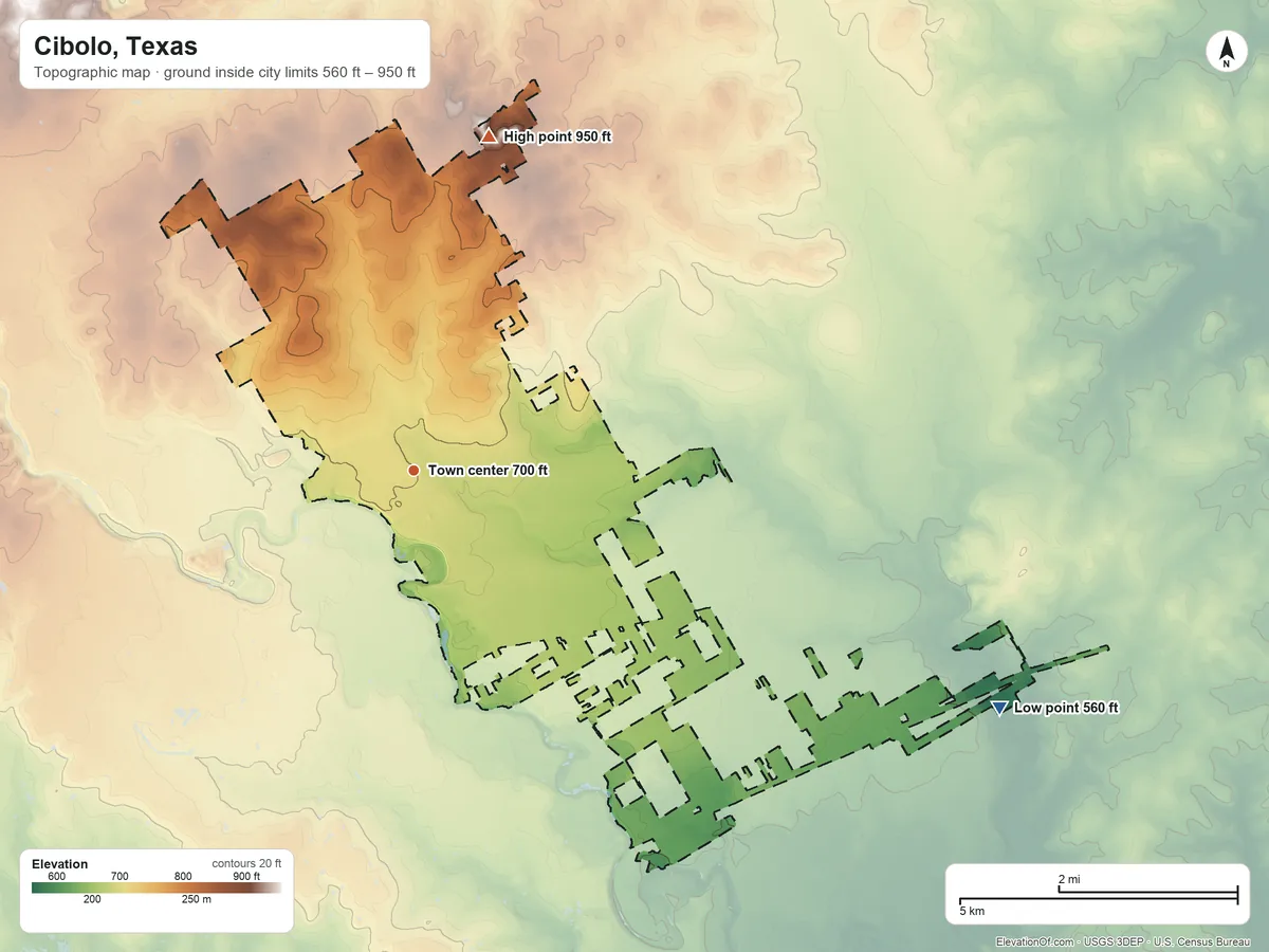 Topographic elevation map of Cibolo, Texas, shaded from 560 ft on the east side to 950 ft on the north side