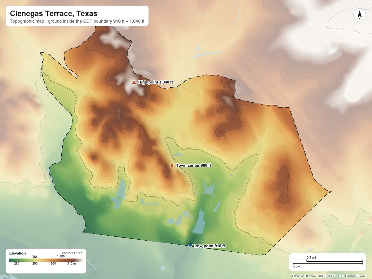 Topographic elevation map of Cienegas Terrace, Texas, shaded from 910 ft on the south side to 1,040 ft on the northwest side
