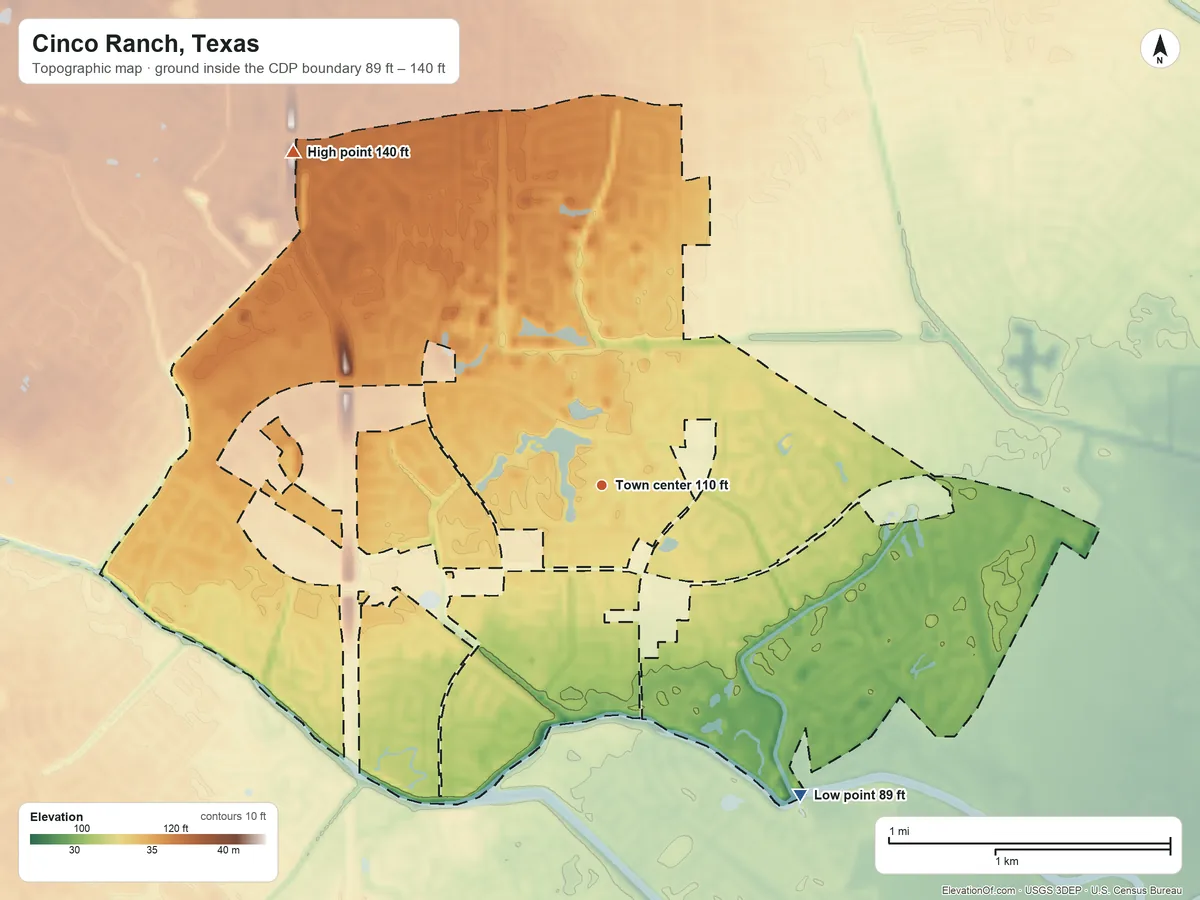 Topographic elevation map of Cinco Ranch, Texas, shaded from 89 ft on the southeast side to 140 ft on the northwest side