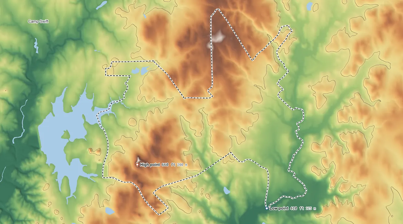 Topographic elevation map of Circle D-KC Estates, Texas, shaded from 410 ft on the southeast side to 660 ft on the southwest side