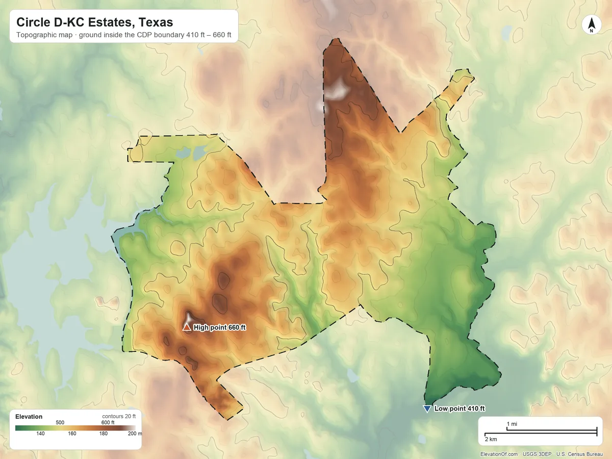 Topographic elevation map of Circle D-KC Estates, Texas, shaded from 410 ft on the southeast side to 660 ft on the southwest side
