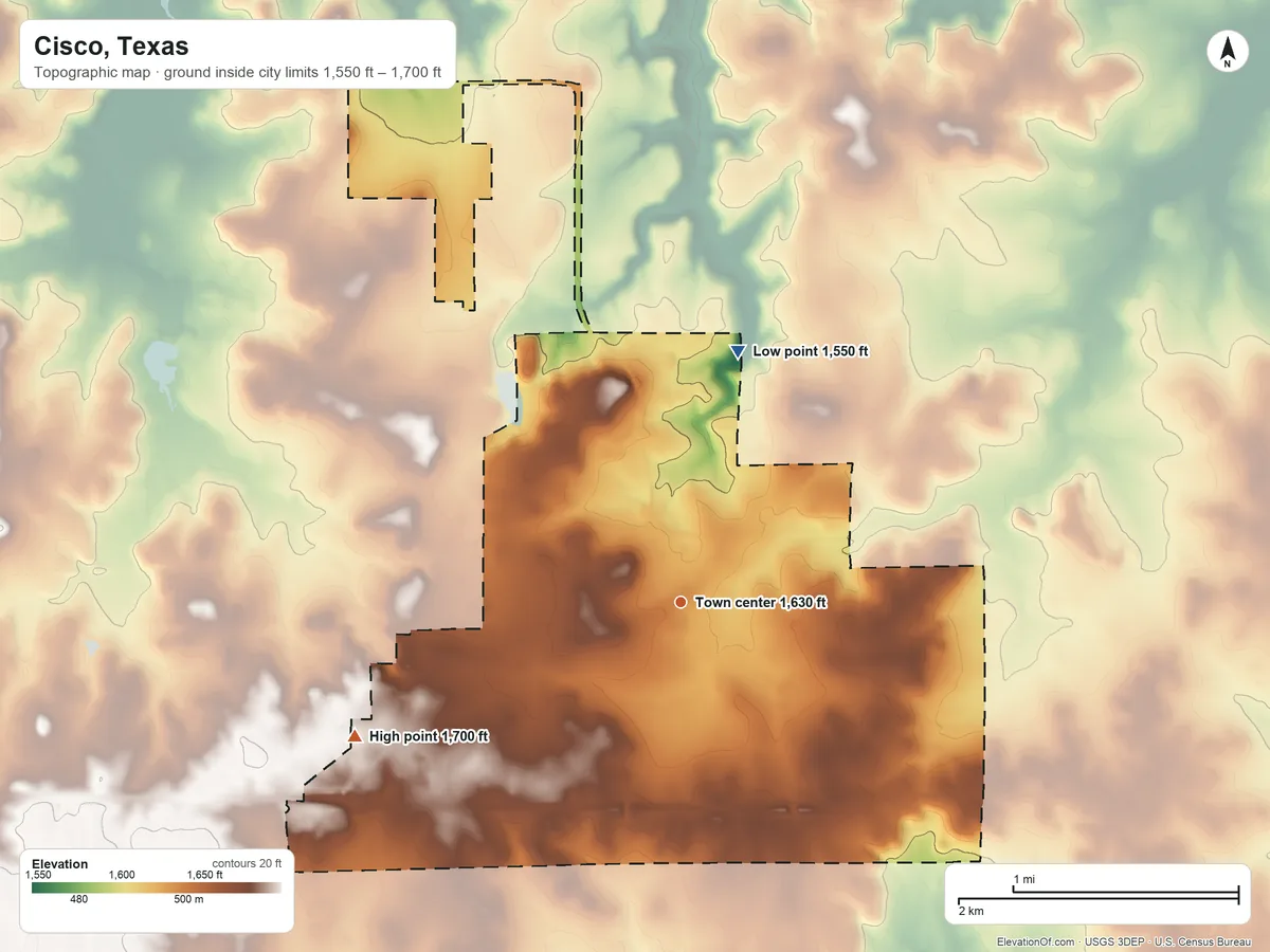 Topographic elevation map of Cisco, Texas, shaded from 1,550 ft on the north side to 1,700 ft on the west side