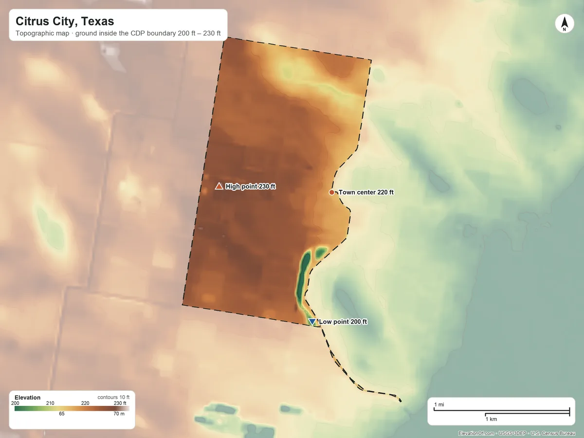 Topographic elevation map of Citrus City, Texas, shaded from 200 ft on the south side to 230 ft on the west side