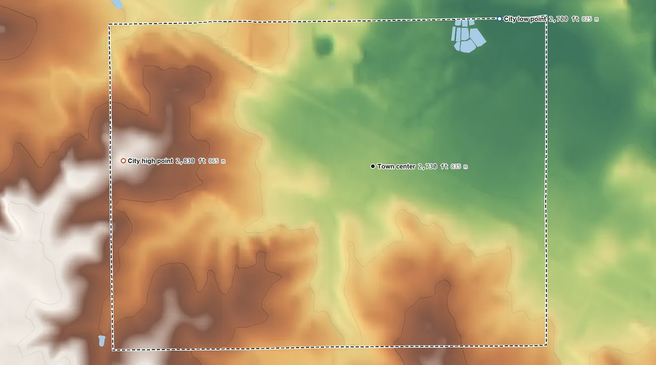 Topographic elevation map of Clarendon, Texas, shaded from 2,700 ft on the northeast side to 2,830 ft on the west side