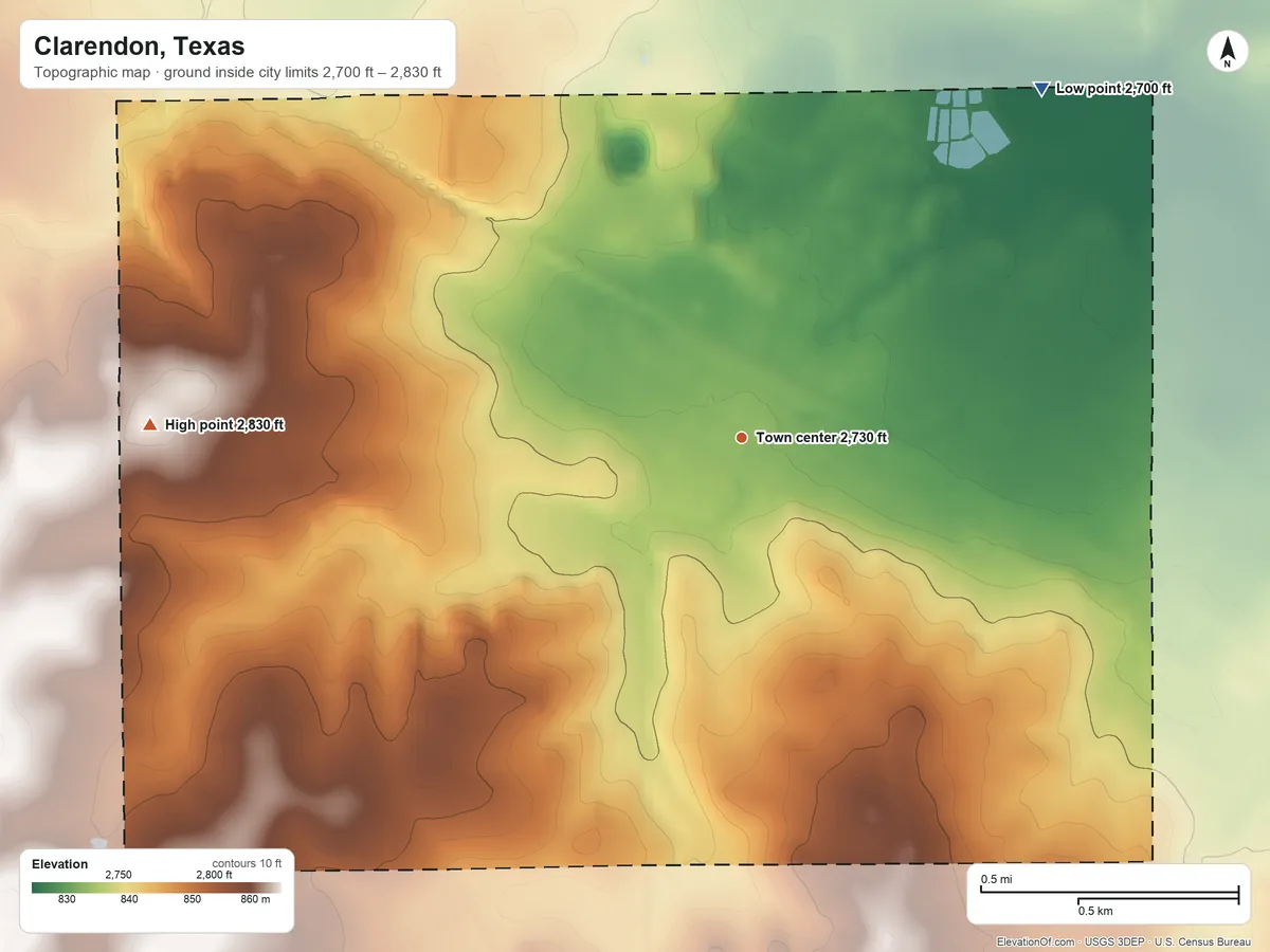 Topographic elevation map of Clarendon, Texas, shaded from 2,700 ft on the northeast side to 2,830 ft on the west side