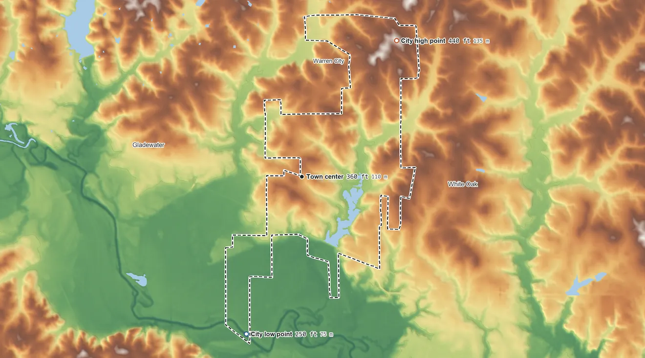 Topographic elevation map of Clarksville City, Texas, shaded from 250 ft on the south side to 440 ft on the northeast side