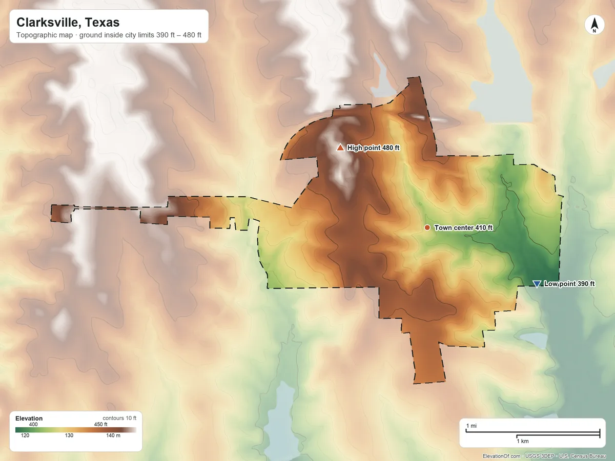 Topographic elevation map of Clarksville, Texas, shaded from 390 ft on the southeast side to 480 ft on the northwest side