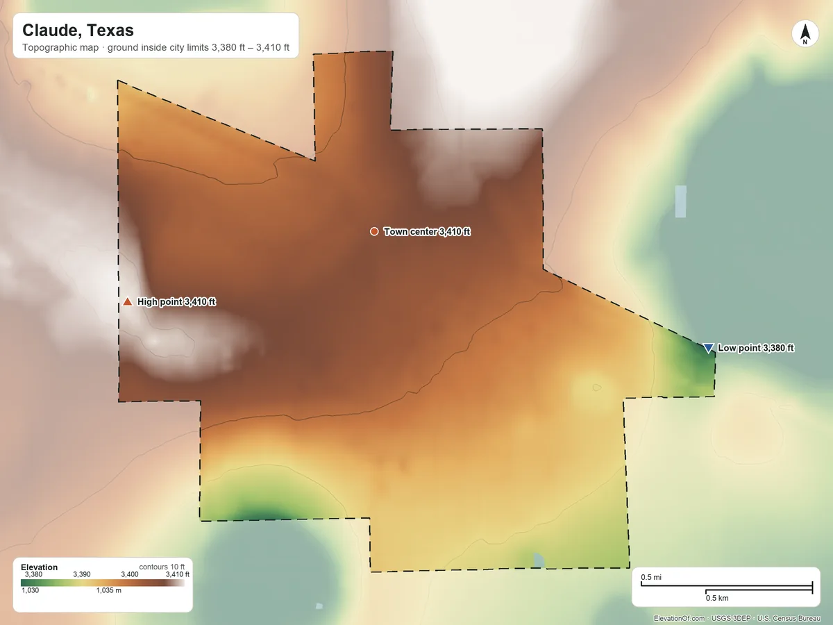 Topographic elevation map of Claude, Texas, shaded from 3,380 ft on the east side to 3,410 ft on the west side