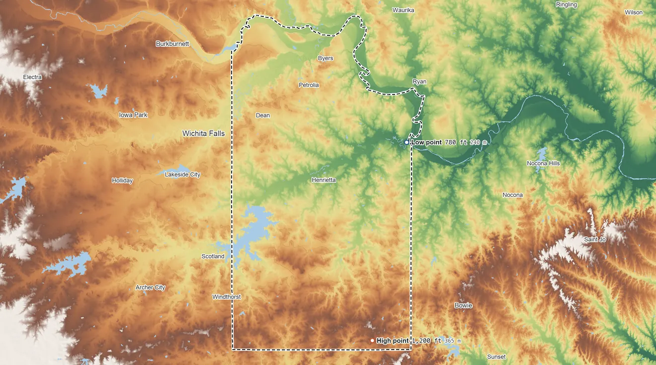 Topographic elevation map of Clay County, Texas, shaded from 780 ft on the northeast side to 1,200 ft on the south side