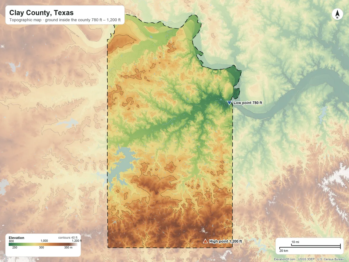 Topographic elevation map of Clay County, Texas, shaded from 780 ft on the northeast side to 1,200 ft on the south side