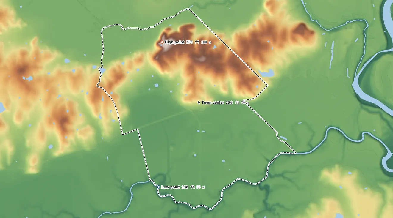 Topographic elevation map of Clay, Texas, shaded from 180 ft on the southwest side to 330 ft on the northwest side
