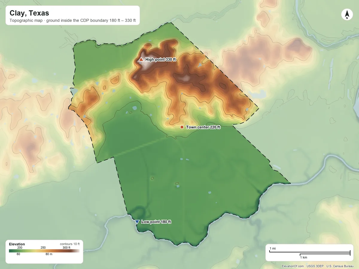 Topographic elevation map of Clay, Texas, shaded from 180 ft on the southwest side to 330 ft on the northwest side