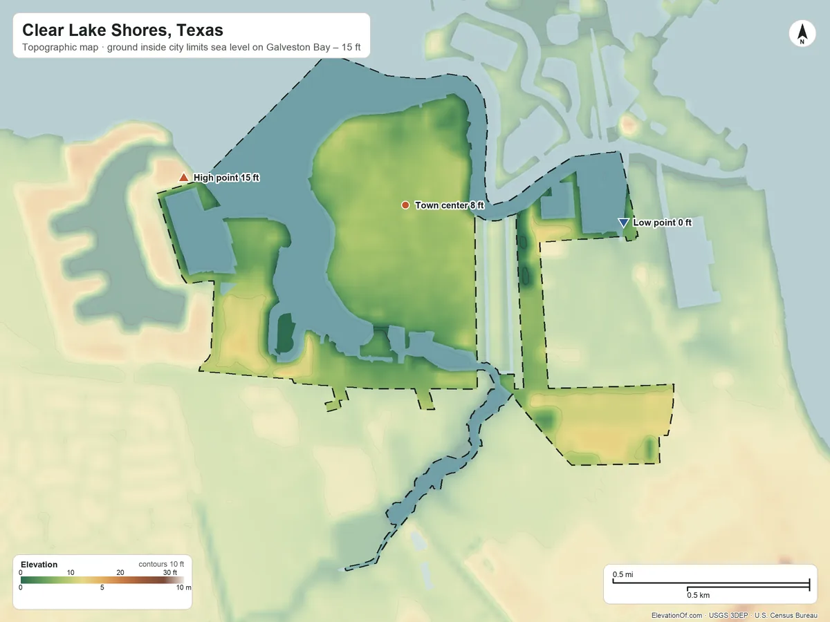 Topographic elevation map of Clear Lake Shores, Texas, shaded from sea level level on Galveston Bay to 15 ft on the west side