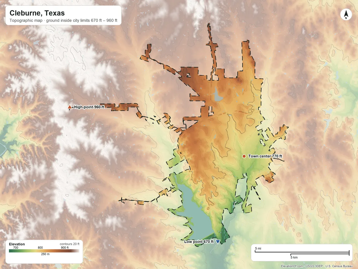 Topographic elevation map of Cleburne, Texas, shaded from 670 ft on the south side to 960 ft on the west side