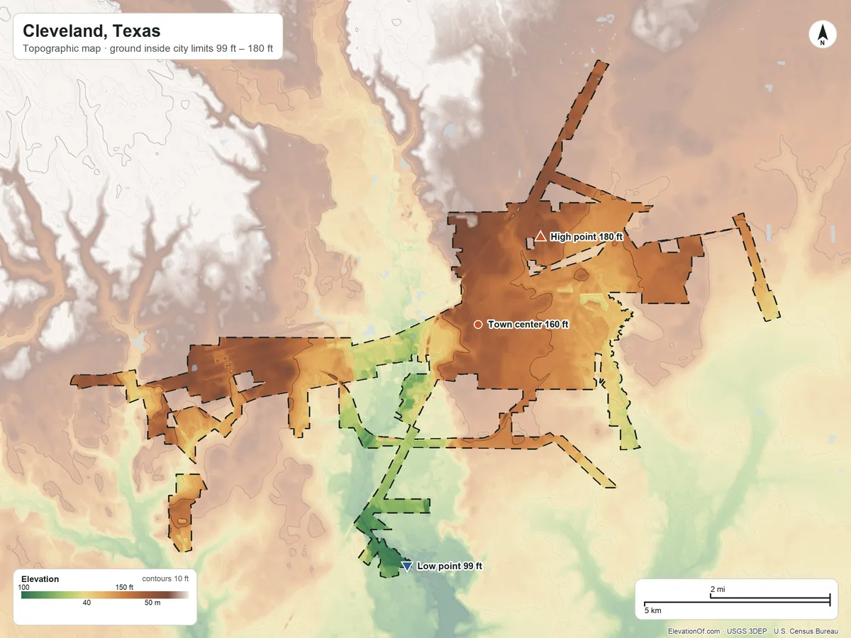 Topographic elevation map of Cleveland, Texas, shaded from 99 ft on the south side to 180 ft on the northeast side