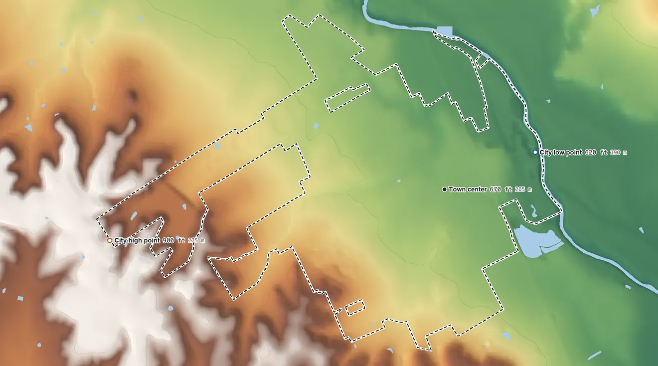 Topographic elevation map of Clifton, Texas, shaded from 620 ft on the east side to 900 ft on the west side