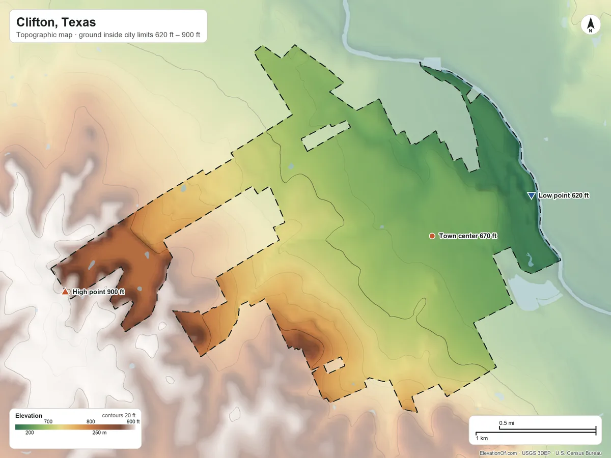 Topographic elevation map of Clifton, Texas, shaded from 620 ft on the east side to 900 ft on the west side
