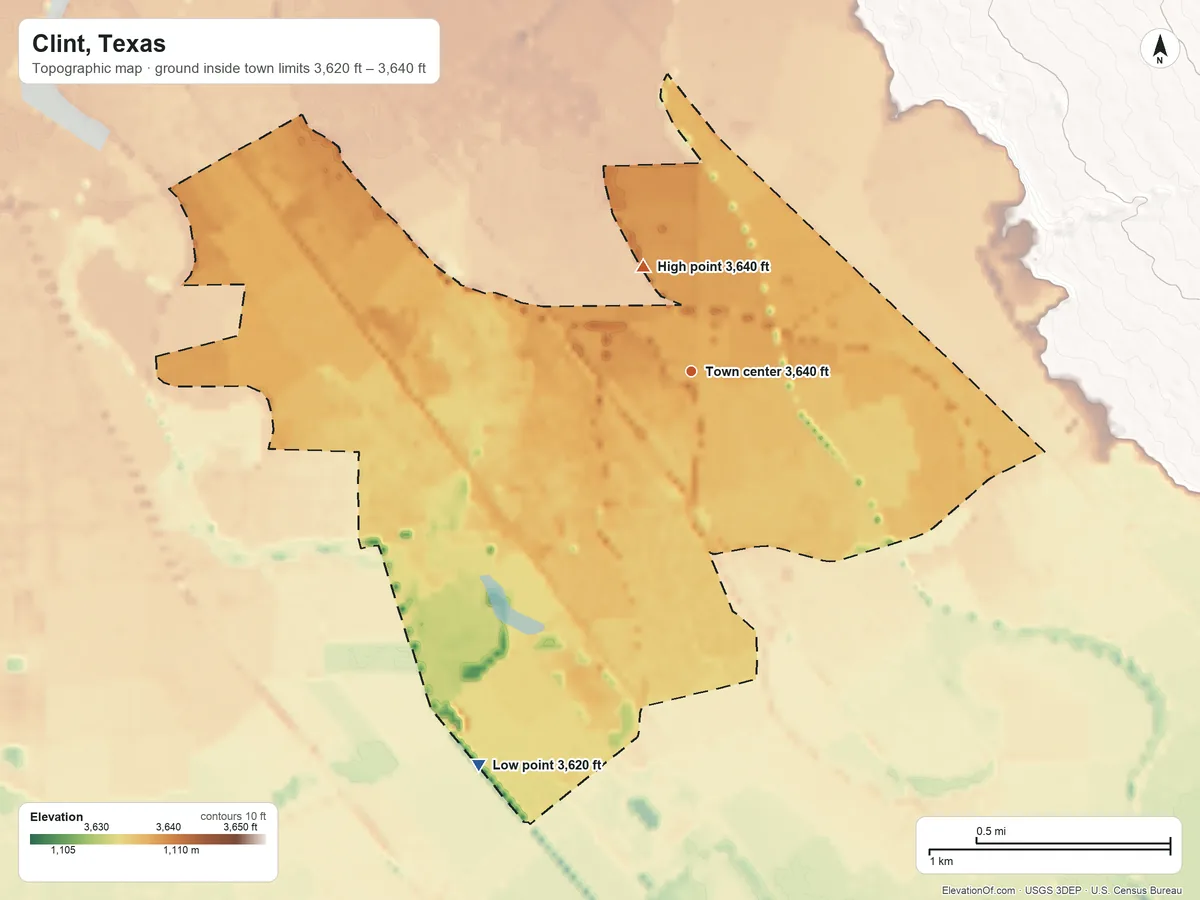 Topographic elevation map of Clint, Texas, shaded from 3,620 ft on the southwest side to 3,640 ft near the middle