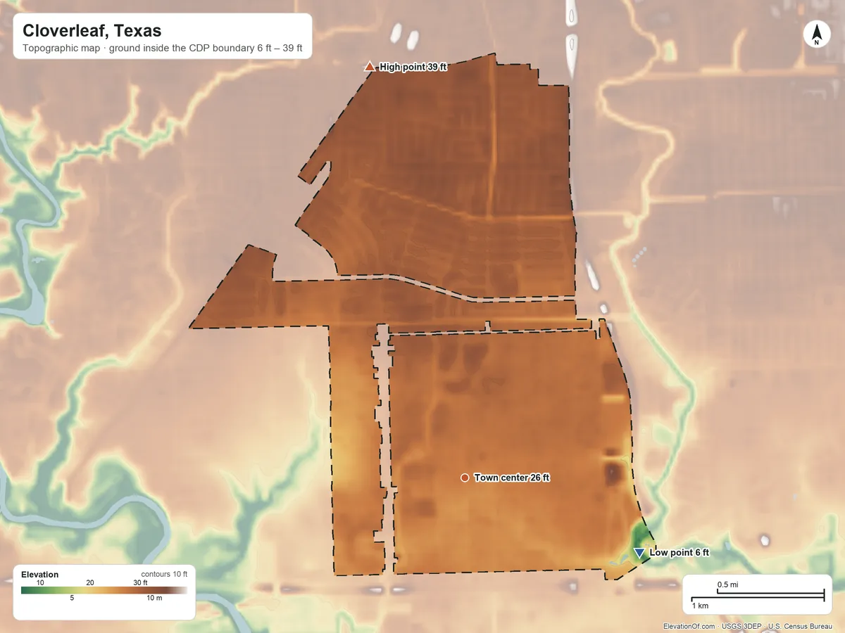 Topographic elevation map of Cloverleaf, Texas, shaded from 6 ft on the southeast side to 39 ft on the north side
