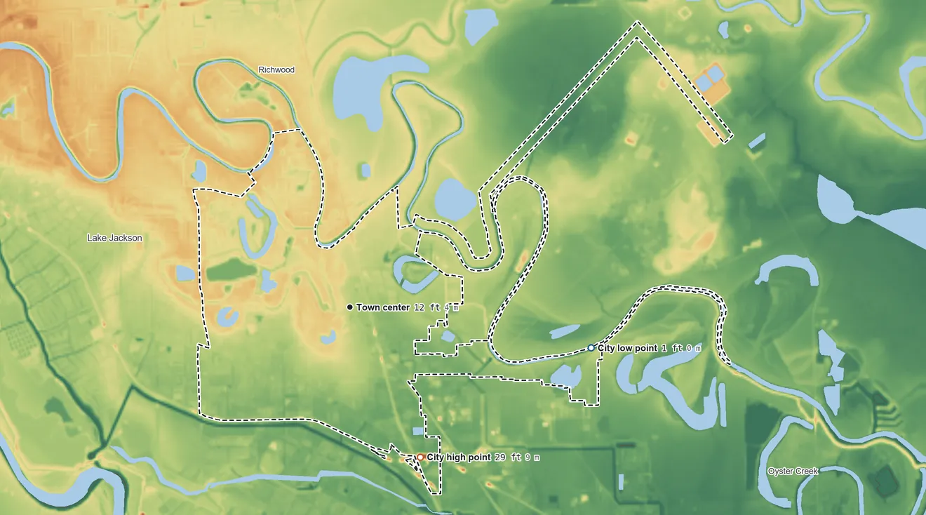 Topographic elevation map of Clute, Texas, shaded from 1 ft on the east side to 29 ft on the southeast side