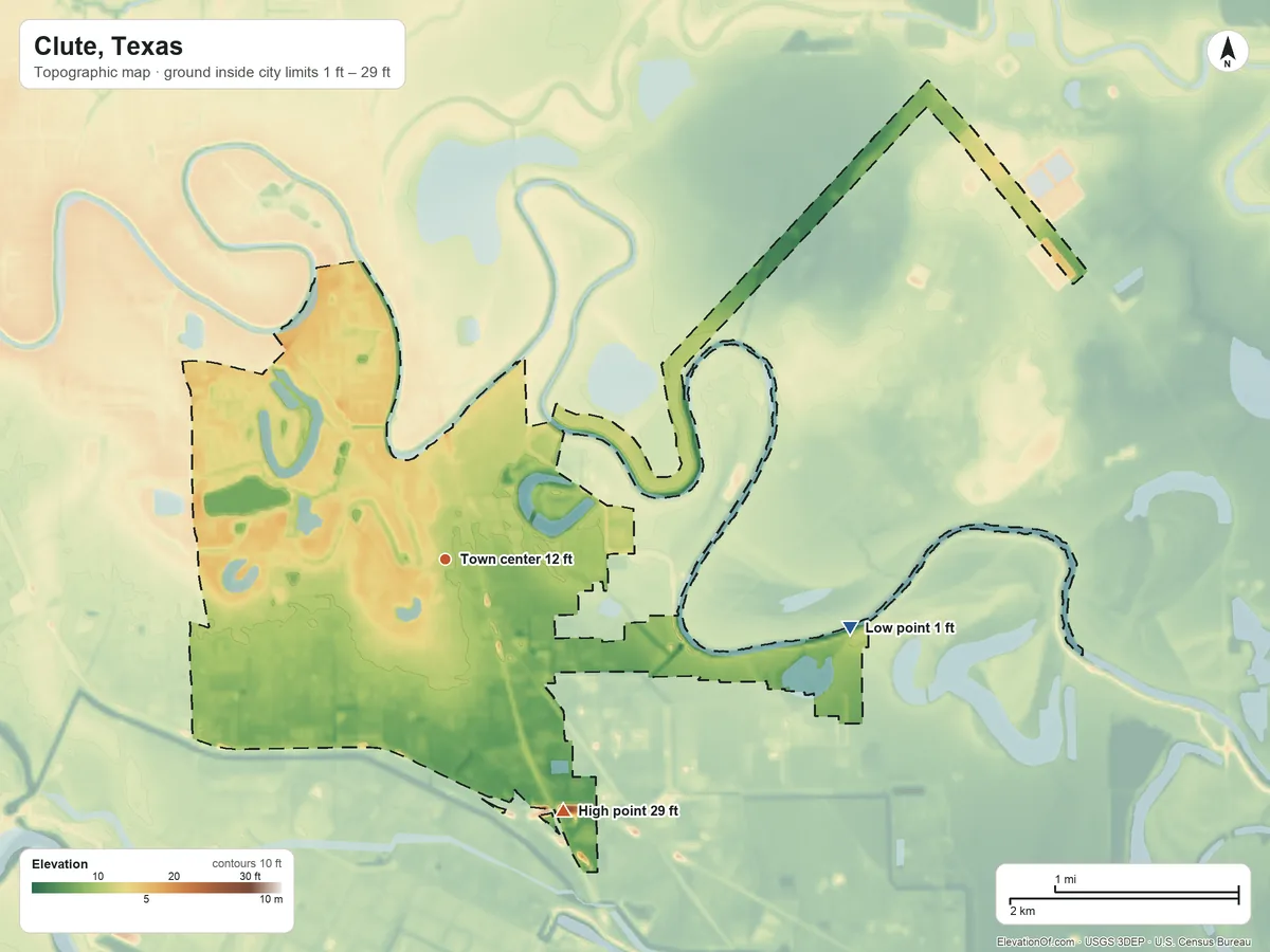 Topographic elevation map of Clute, Texas, shaded from 1 ft on the east side to 29 ft on the southeast side