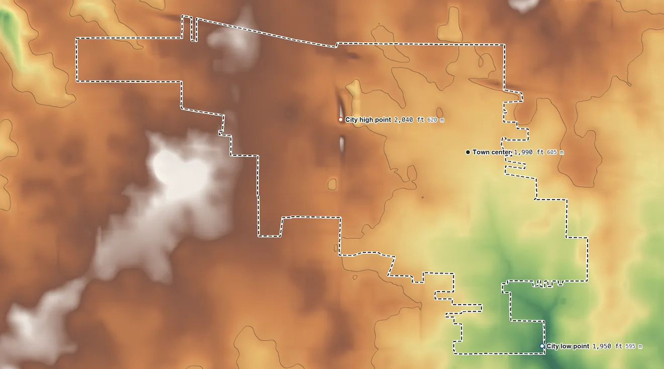 Topographic elevation map of Clyde, Texas, shaded from 1,950 ft on the south side to 2,040 ft on the west side