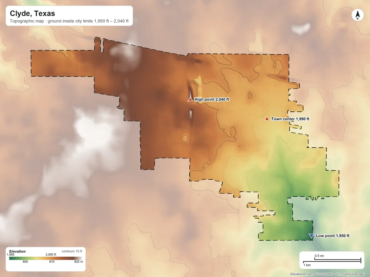Topographic elevation map of Clyde, Texas, shaded from 1,950 ft on the south side to 2,040 ft on the west side