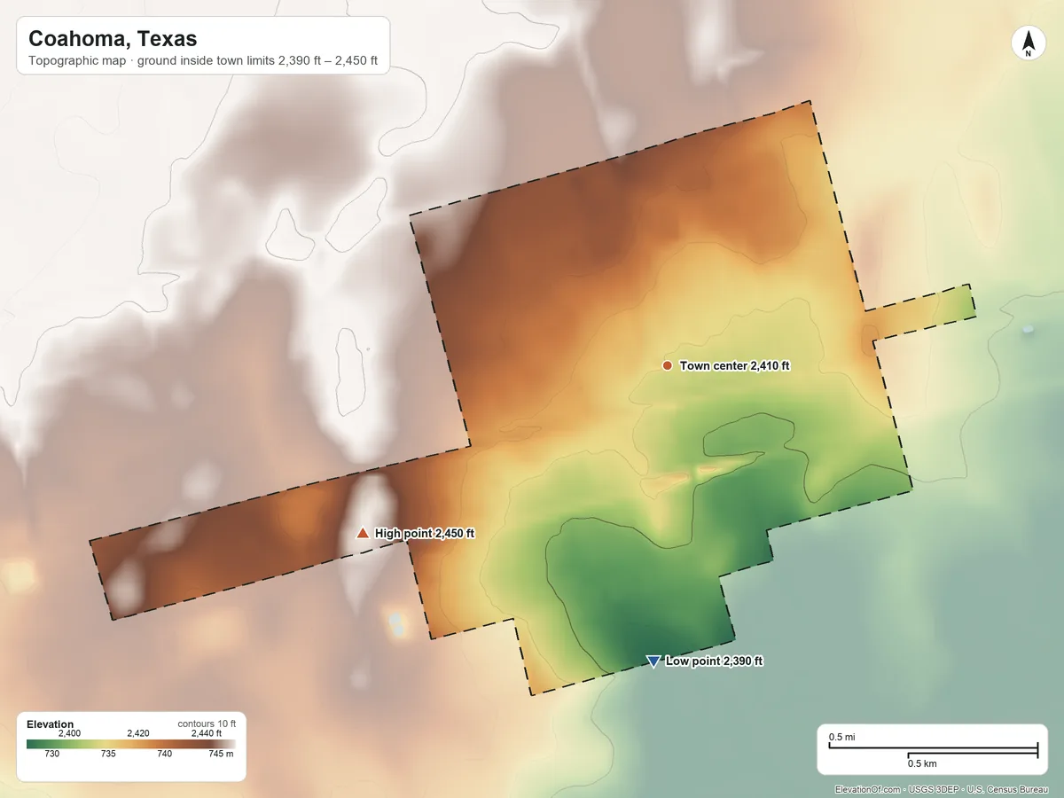 Topographic elevation map of Coahoma, Texas, shaded from 2,390 ft on the south side to 2,450 ft on the southwest side