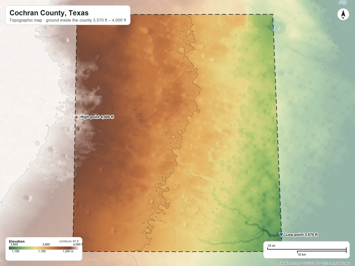 Topographic elevation map of Cochran County, Texas, shaded from 3,570 ft on the southeast side to 4,000 ft on the west side