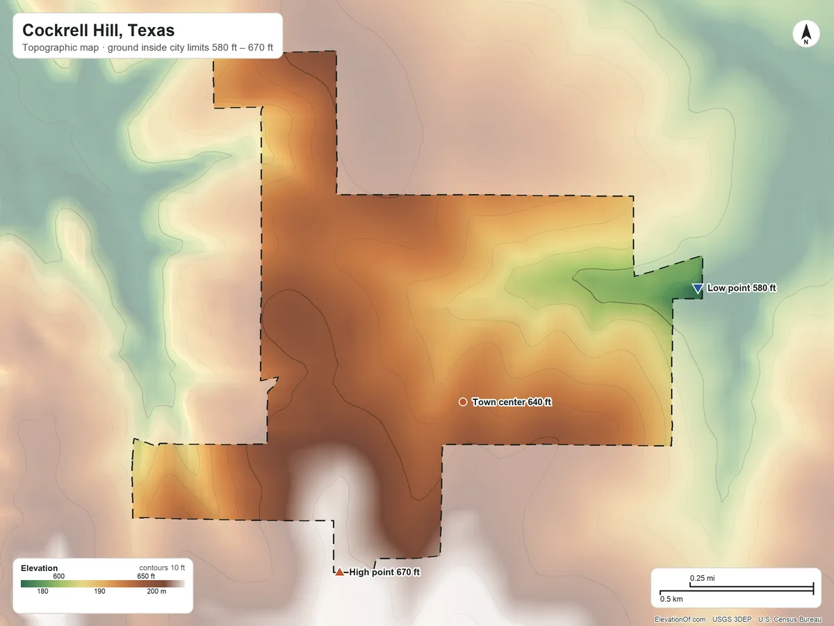 Topographic elevation map of Cockrell Hill, Texas, shaded from 580 ft on the northeast side to 670 ft on the southwest side