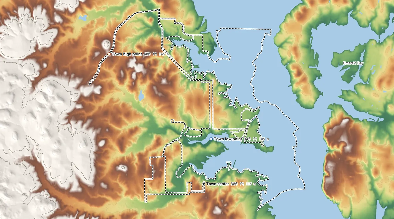 Topographic elevation map of Coffee City, Texas, shaded from 340 ft on the north side to 480 ft on the northwest side