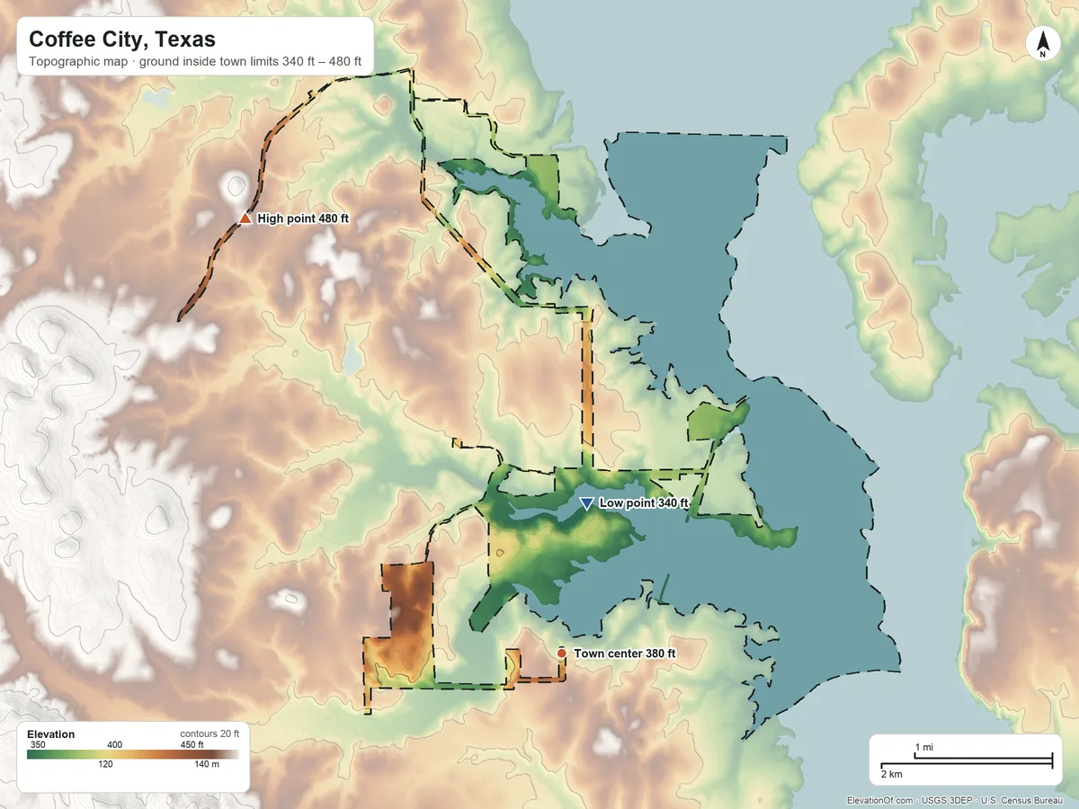 Topographic elevation map of Coffee City, Texas, shaded from 340 ft on the north side to 480 ft on the northwest side