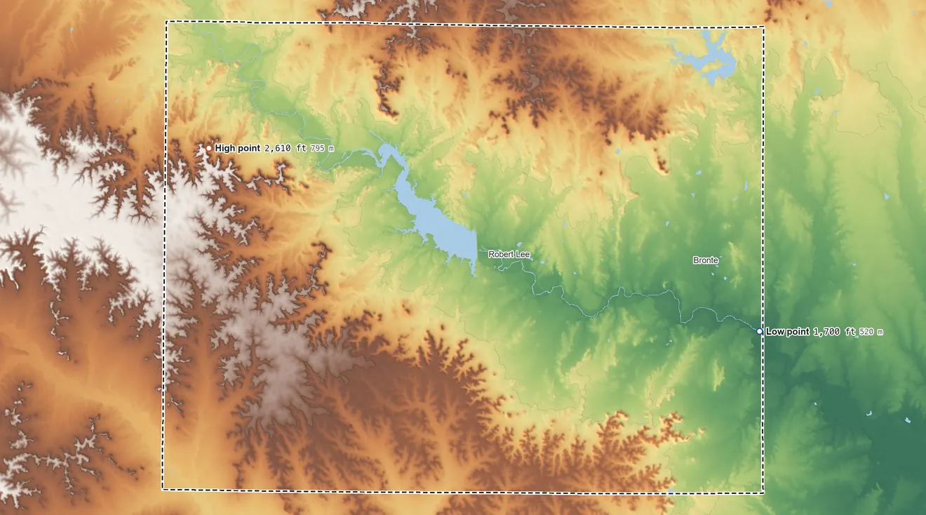 Topographic elevation map of Coke County, Texas, shaded from 1,700 ft on the east side to 2,610 ft on Goat Mountain