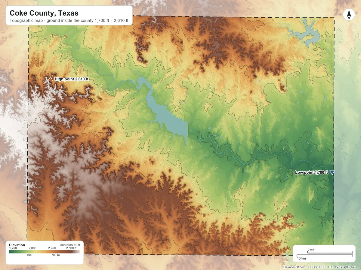 Topographic elevation map of Coke County, Texas, shaded from 1,700 ft on the east side to 2,610 ft on Goat Mountain