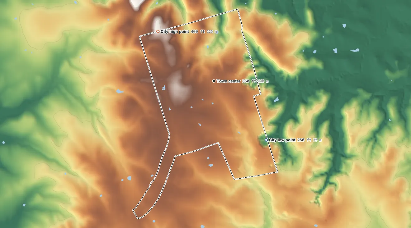 Topographic elevation map of Coldspring, Texas, shaded from 250 ft on the southeast side to 400 ft on the northwest side