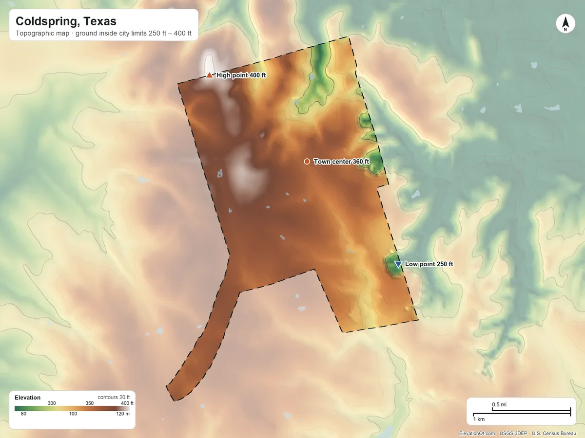 Topographic elevation map of Coldspring, Texas, shaded from 250 ft on the southeast side to 400 ft on the northwest side