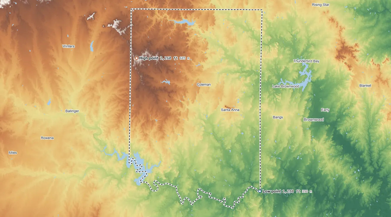 Topographic elevation map of Coleman County, Texas, shaded from 1,280 ft on the southeast side to 2,260 ft on the northwest side