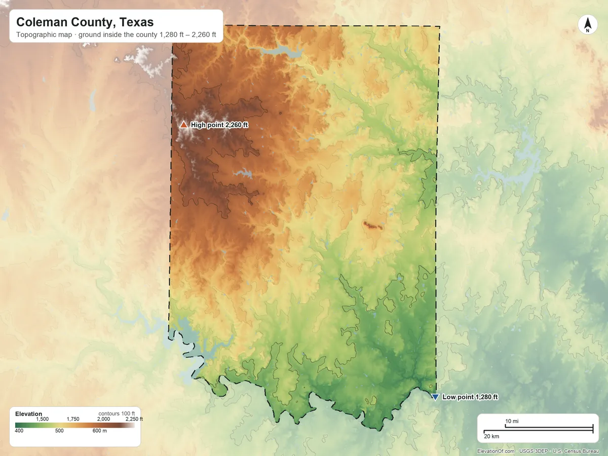 Topographic elevation map of Coleman County, Texas, shaded from 1,280 ft on the southeast side to 2,260 ft on the northwest side