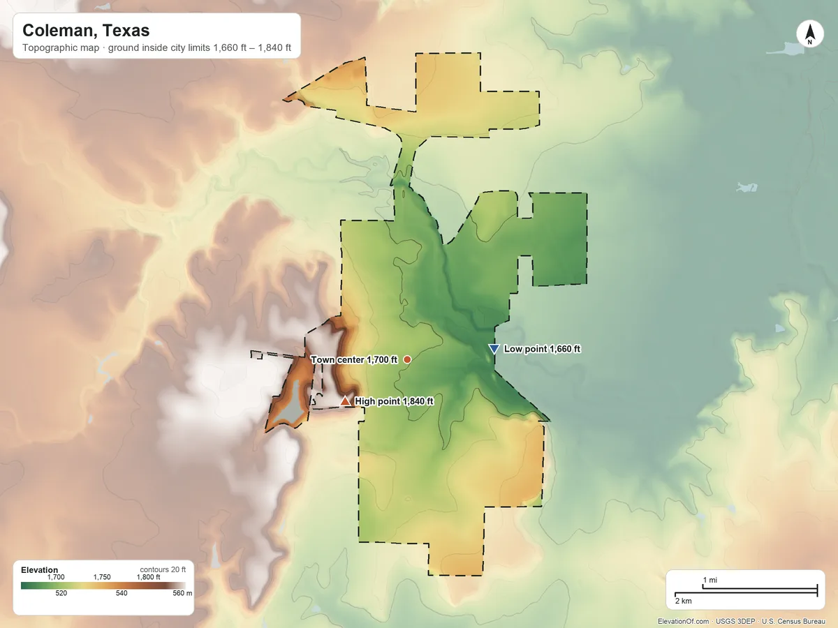 Topographic elevation map of Coleman, Texas, shaded from 1,660 ft on the east side to 1,840 ft on the southwest side