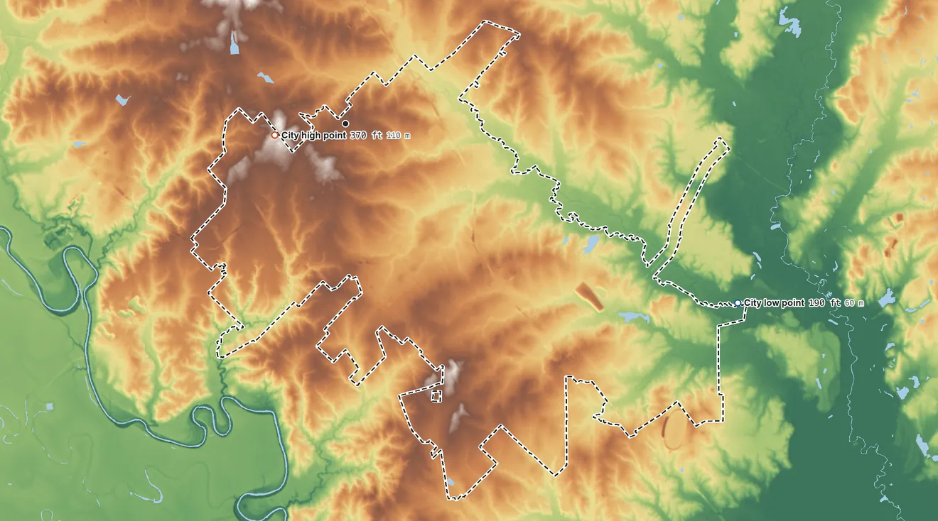 Topographic elevation map of College Station, Texas, shaded from 190 ft on the southeast side to 370 ft near the middle