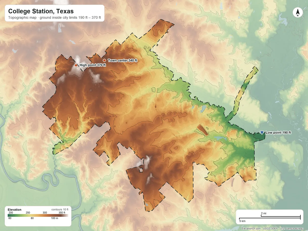 Topographic elevation map of College Station, Texas, shaded from 190 ft on the southeast side to 370 ft near the middle