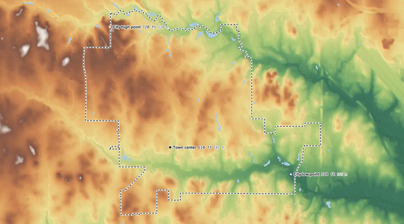 Topographic elevation map of Colleyville, Texas, shaded from 540 ft on the east side to 720 ft on Mount Donwell