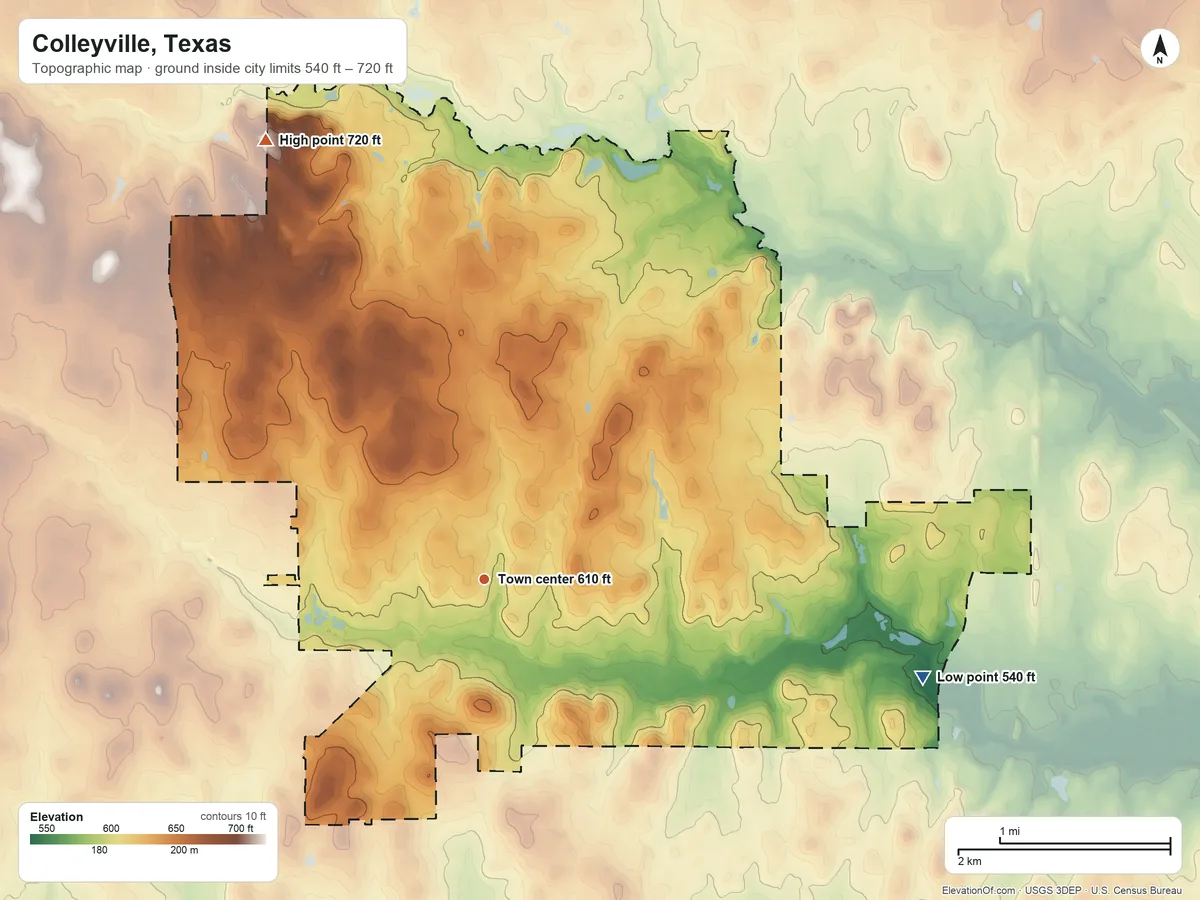 Topographic elevation map of Colleyville, Texas, shaded from 540 ft on the east side to 720 ft on Mount Donwell