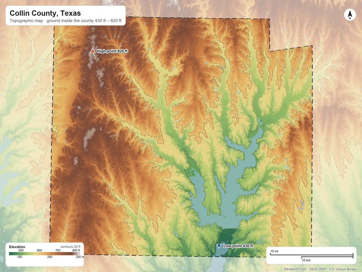 Topographic elevation map of Collin County, Texas, shaded from 430 ft on the south side to 820 ft on the northwest side