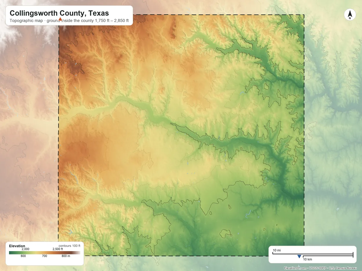 Topographic elevation map of Collingsworth County, Texas, shaded from 1,750 ft on the southeast side to 2,850 ft on the northwest side