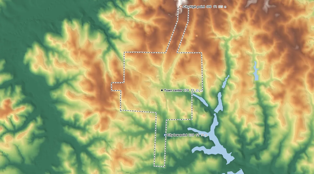 Topographic elevation map of Colmesneil, Texas, shaded from 220 ft on the south side to 400 ft on the north side